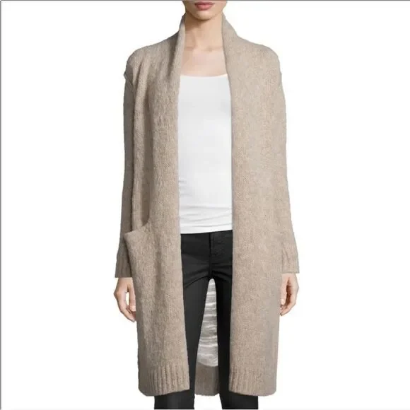 Current Elliott Long Slash Pocket Open Front Alpaca shredded Cardigan beige 1 /S - Picture 3 of 11